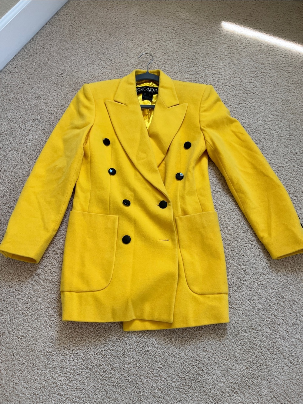 Escada Double-Breasted Blazer in Vibrant Yellow with Black Buttons
